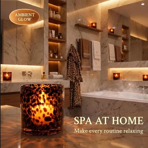 Tortoise Shell Candle Holder | Large Size 4.7" | Cheetah & Leopard Print Candle Holder | Large Amber Glass Votive for Vanity | Animal Pattern Glass Decor | Tea Light, Jar Candle & Vanity Accent thumbnail 2