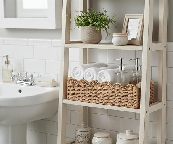 CubesLand Paper Rope Scalloped Edge Toilet Paper Storage Basket, Small Living Room, Bedroom Decor Baskets for Over Toilet Storage Shelf, End Table, Shelves and More, with 2 Wooden Handle, Neutral thumbnail 4