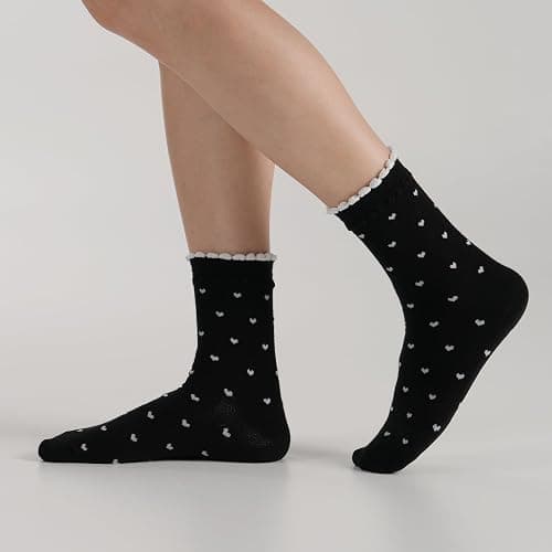 Kikiya Women's Cotton Crew Socks - Cute Flower Graphic Polka Dot Striped Heart Patterned - Ladies Girls Casual Socks Size 6-8 thumbnail 9