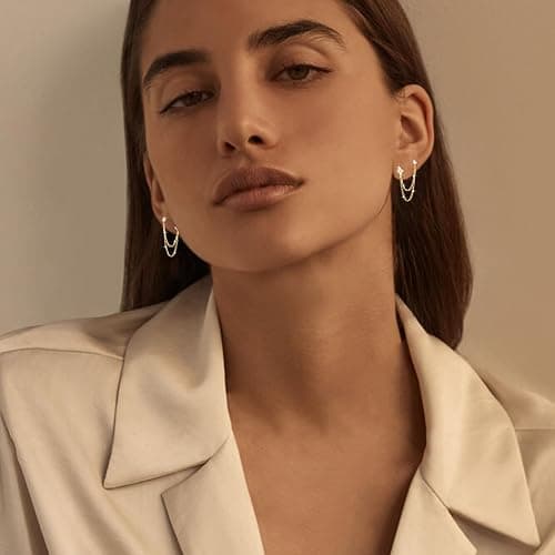 BUAEL 925 Sterling Silver Four Zircons Flower Stud Earrings For Women | Double Studs Chain Tassel Piercing Earring | Gold Plated Double Piercing Dangle Chain Earrings Jewelry Gifts for Women Girls thumbnail 4