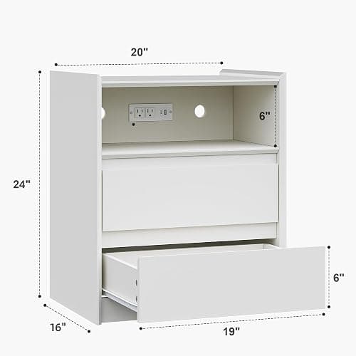 FurniXpress 24" Tall White Nightstand with Charging Station, 2 Drawer Modern Bedside Table with Tray Top, USB & Type-C Ports, AC Outlets, and Open Shelf for Bedroom or Living Room thumbnail 2
