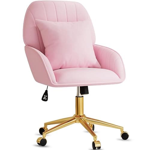 Pink Velvet Desk Chair with Pillow, Upholstered Home Office Desk Chair Makeup Vanity Chair with Swivel Wheels, Ergonomic Office Chair Computer Task Chair for Living Room, Bedroom - Image 1