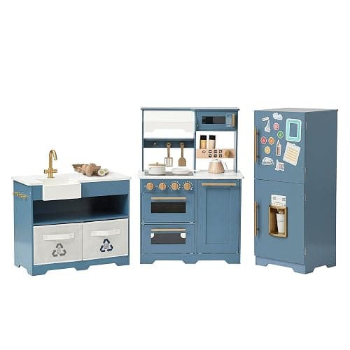 Teamson Kids Little Chef Atlanta Modular Wooden Play Kitchen, 3-Piece Pretend Set with 17 Accessories, Blue/White/Gold, Realistic Features for Toddlers & Kids, Cocina de Juguete Moderna thumbnail 7