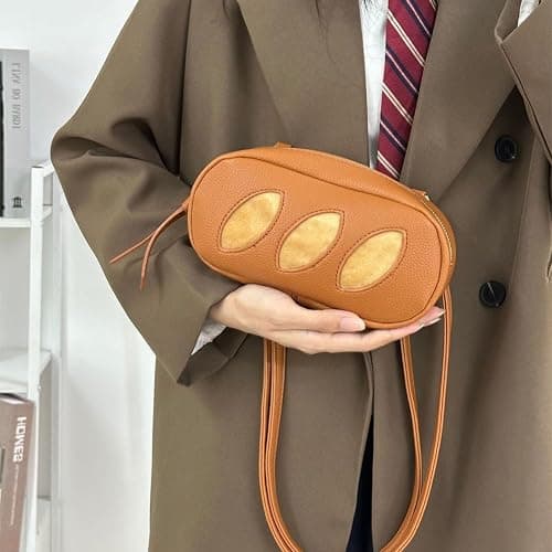 Plush Toast Loaf Bread Crossbody Purse, Leather Cute Food Baguette Makeup Bag, Novelty Funny Mini Hotdog Pencil Shoulder Bag thumbnail 3