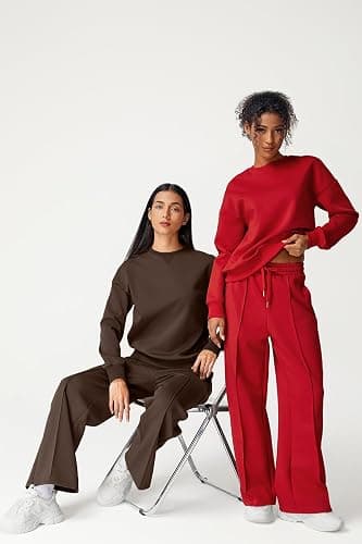 QINSEN 2 Piece AirCotton Outfits Sweatsuits Long Sleeve Pullover Sweatshirt Wide Leg Sweatpant with Pockets Tracksuit thumbnail 5