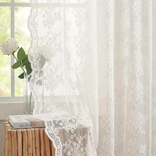 YJ YANJUN Vintage Lace Curtains Elegant Flower Off White 132 inch Curtains 1 Pair Extra Long Cream Colored High Ceiling Drapes for Large Windows Patio Sliding Door 11 Foot 52" W x 132" L Ivory - Image 1
