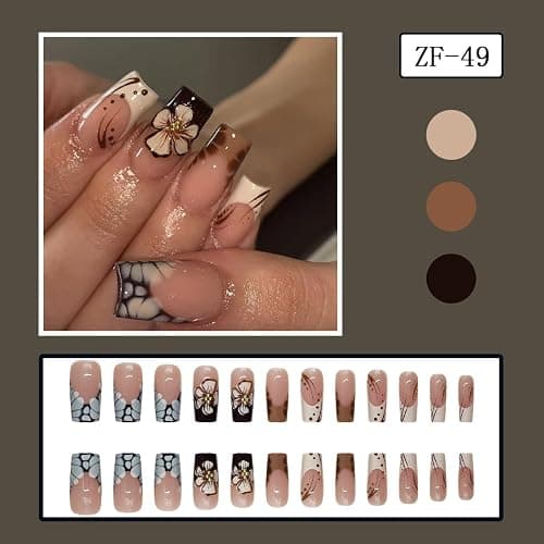 24Pcs Fall Press on Nails Medium Square Fake Nail with Leopard Print Designs French Tip 3D Flower False Nail Autumn Glue on Nails Full Cover Reusable Stick on Nails for Women Girls thumbnail 5