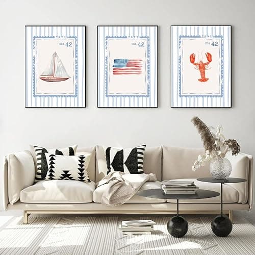 Blue Beach Stamp Set of 3 Canvas Poster Coastal Granddaughter Room Wall Art Decor Fisherman Preppy Aesthetic Prints Artwork for Girly Dorm Apartment Ocean Home Decoration 12x18inch Framed thumbnail 3