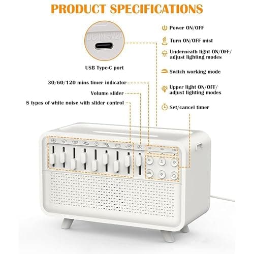 Diffuseur D'Arômes et d'air à Bruit Blanc, Humidificateur avec 8 Niveaux de Bruit Blanc Réglables, Veilleuse, Haut-Parleur Bluetooth thumbnail 6