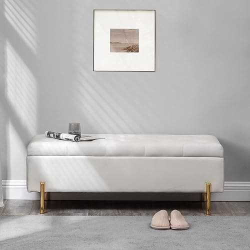 Ottoman with Storage Bech, Foot Rest Stool, 45.6 Inch Velvet Upholstered Storage Bench Tufted Settee, Folding Pouf Accent Ottoman, End of Bed Bench with Soft for Living Room Entryway Bedroom, White thumbnail 6