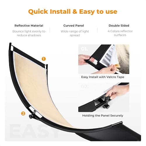 K&F CONCEPT U-Shape Reflector Curved Reflector 180x60cm with 4-in-1 Reflective Fabric, Black/Gold/White/Silver, with 1.9m Stand, with Storage Bag, for Photography Studios thumbnail 5