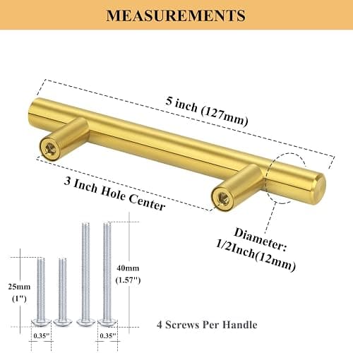 Plustool 30Pack 3''Hole Centers Gold Cabinet Handles-Brushed Brass Cabinet Pulls Gold Dresser Drawer Pulls-Stainless Steel Door Hardware for Kitchen Bathroom Bedroom Furniture-5''Overall Length thumbnail 3