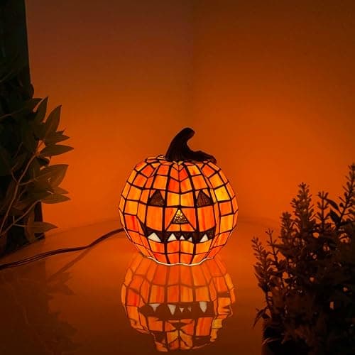 Bieye L10927 Carved Pumpkin Tiffany Style Stained Glass Accent Table Lamp for Halloween Decor thumbnail 2