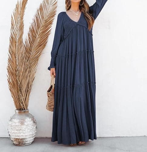 R.Vivimos Maxi Dress for Women Long Sleeve V Neck Empire Waist Layered Ruffle Boho Casual Flowy Long Dresses thumbnail 2