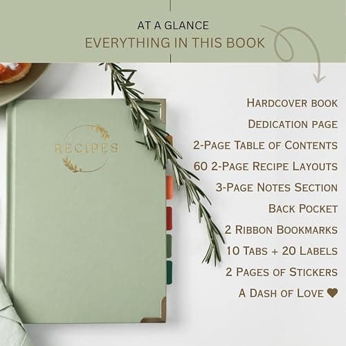 Kikaze Collection Blank Recipe Notebook | Small Blank Recipe Book to Write in Your Own Recipes | Artisan Hardcover Journal for 60 Recipes | 8.4” x 6” Leather Sage Green & Gold Hardcover | Tabs, Stickers, Pocket & Bookmarks thumbnail 4