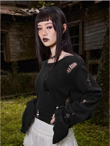 Goth Y2K Striped Sweater Grunge Ripped Punk Gothic Sweaters for Women Harajuku Aesthetic Halloween Pullover Tops thumbnail 7