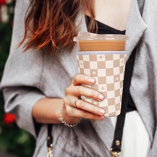 Reusable Insulated Neoprene Iced Coffee Cup Sleeve, Durable Drink Sleeve for Cold Beverages, Beverage Holder for Iced Coffee, Floral Checkers thumbnail 3