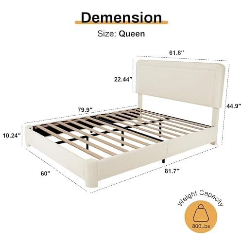 Queen Size Boucle Bed Frame, Modern Cream Bed Frame with Headboard, Soft Rounded Corners, No Box Spring Required, Adjustable Headboard, Easy Assembly thumbnail 2