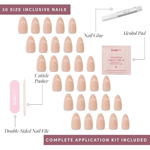 Glamnetic x GLAMZILLA Press On Nails - NOT YOUR CINDER-ELLA | Short Almond Nude Fake Nails with Velvet French Tip Effect, Reusable Wedding Nails | 15 Sizes - 30 Nail Kit with Glue thumbnail 4