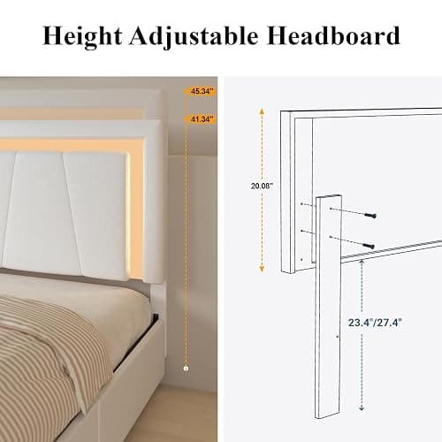 Benevika Full Bed Frame with 4 Storage Drawers and Adjustable Headboard, Upholstered Platform Bed with LED Lights and USB Ports, Solid Wooden Slats Support, Faux Leather, Easy Assembly, Beige thumbnail 6