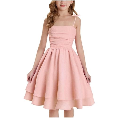 duxyoz Girl's Summer Dresses Spaghetti Strap Swing Pleated Cotton Dress Tween Kids Flowy Front Ruched Boho Beach Casual Midi Sundress for Princess Birthday Party Wedding Prom Gown - Image 1