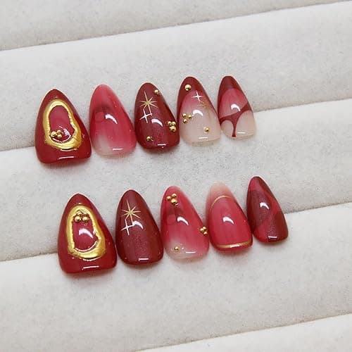 30Pcs Ombre Red Press on Nails Medium Almond Fake Nails 3D Star Rhinestones Glitter Handmade Design Y2K Gold Star Bead Full Cover Stick on Nails Chrome False Nails for Women Acrylic Nail Decorations thumbnail 3