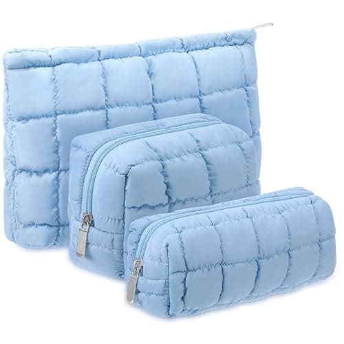Huhumy 3 Pcs Puffy Makeup Bag for Women, Checkered, Blue, Medium | Quilted Cosmetic Pouch Cute Travel Toiletry Bag Puffer Makeup Organizer Purse Pouch Preppy Pencil Case with Zipper - Image 1