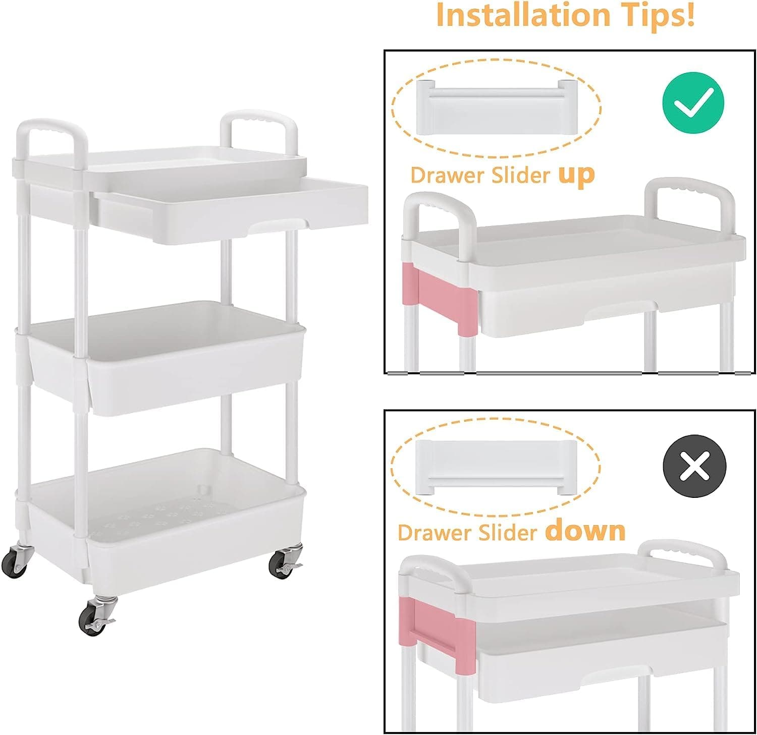 3-Tier Rolling Utility Cart with Drawer,Multifunctional Storage Organizer with Plastic Shelf & Metal Wheels,Storage Cart for Kitchen,Bathroom,Living Room,Office, (White-3Tier) thumbnail 4