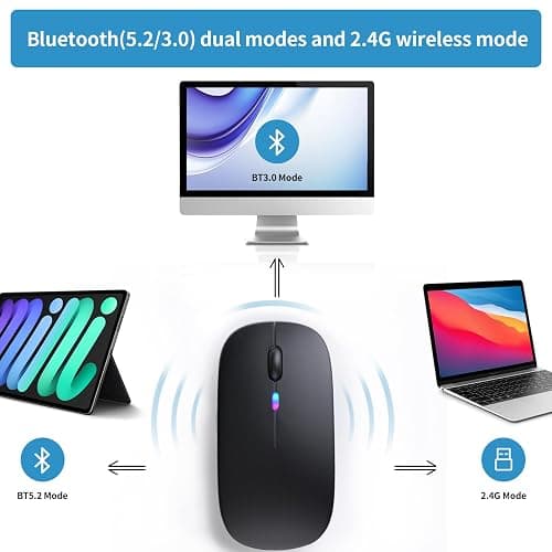 Wireless Bluetooth Mouse, Rechargeable, LED, Silent, Ultra-thin Design (Bluetooth 5.2 and 2.4GHz USB Receiver) | Portable Computer Mouse for Laptops, iPads, MacBooks and Apple Devices (Black) thumbnail 4