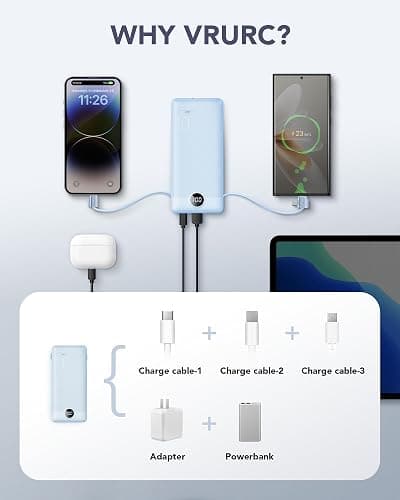 VRURC Portable Charger, Power Bank Built-in Cables and AC Wall Plug | USB C Power Bank 10000mAh, Travel Essentials Phone Charger Compact External Battery Pack For Smart Phones, Tablets etc-Blue thumbnail 4