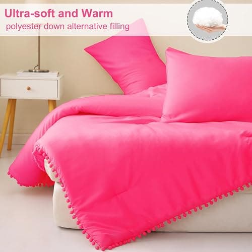 Exclusivo Mezcla Boho Pom Pom Ball Fringe Queen Comforter Set, 3 Piece Hot Pink Lightweight Down Alternative Bedding Comforter Sets for All Seasons - Hot Pink - Queen (90"x90") thumbnail 3