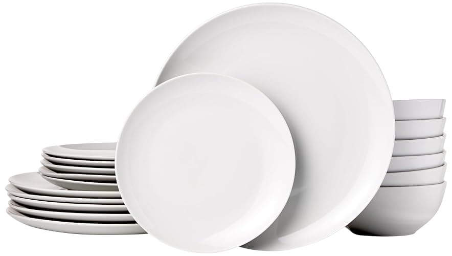 Amazon Basics 18-Piece Kitchen Dinnerware Set, Plates, Dishes, Bowls, Service for 6, White Porcelain Coupe - White Porcelain Coupe - Image 1