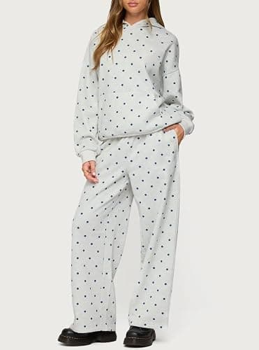 Pivanzore Polka Dot Sweat Set for Women Two Piece Bow Print Tracksuit Long Sleeve Hoodie Wide Leg Sweatpants 2 Piece Outfits thumbnail 2