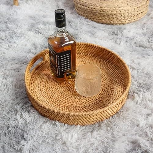 Coffee Table Tray Round Rattan Ottoman Tray Woven Serving Trays with Handles for Home and Kitchen Decorative Natural (Large 14 inch x 2.4 inch) thumbnail 2
