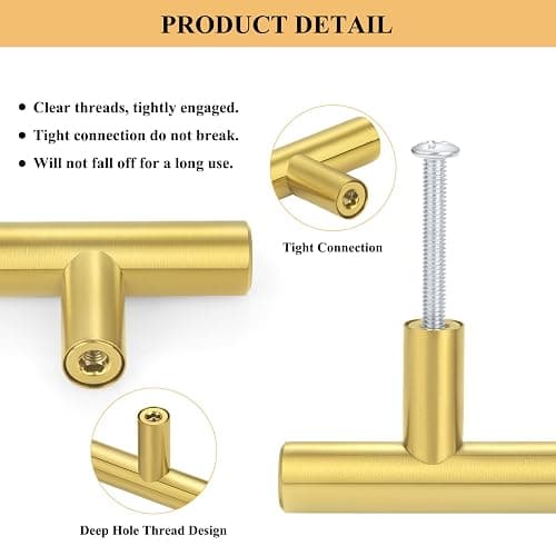 Plustool 30Pack 3''Hole Centers Gold Cabinet Handles-Brushed Brass Cabinet Pulls Gold Dresser Drawer Pulls-Stainless Steel Door Hardware for Kitchen Bathroom Bedroom Furniture-5''Overall Length thumbnail 4