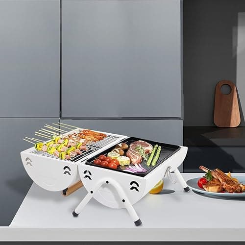 Supernal Tabletop Charcoal BBQ Grill,Portable Charcoal Grill,Small Folding Tabletop Grill for Outdoor Cooking Camping,Picnics,Backyard,Balcony-White,2 Carbon Tank,2 Baking Net,1 Baking Pan thumbnail 2