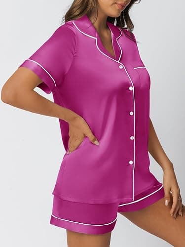 LILLUSORY Silk Satin Pajama Set for Women 2 Piece Lounge Pjs Shorts Matching Summer Sleepwear Button Down Shirt Shorts thumbnail 4