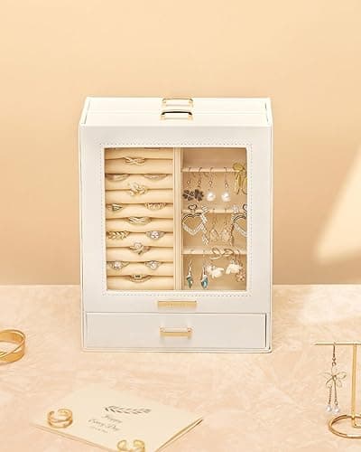 Homde Jewelry Organizer Girls Women Jewelry Box for Necklaces Rings Earrings Gift Bracelets Storage Case (White + Gold) - White + Gold thumbnail 2