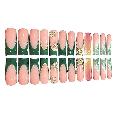RUOKEXIN Long Square Press on Nails Green French Tip Fake Nails Gold Glitter False Nails with Gold 3D Butterfly Designs Long Square Glue on Nails Sparkly Artificial Nails Cute Stick on Nails for Women thumbnail 5