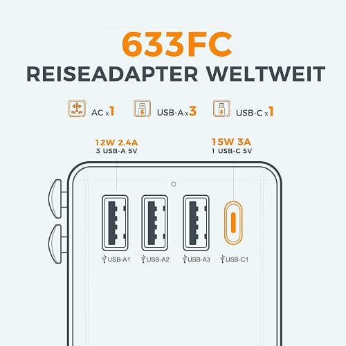 TESSAN Reiseadapter Weltweit, Universal Reisestecker mit 3 USB, 1 USB C und 1AC Steckdose, Internationaler Steckdosenadapter, Universaladapter für Deutschland USA England Thailand Italien Australien - 3 USB A und 1 USB C-Grau-Weiß thumbnail 7