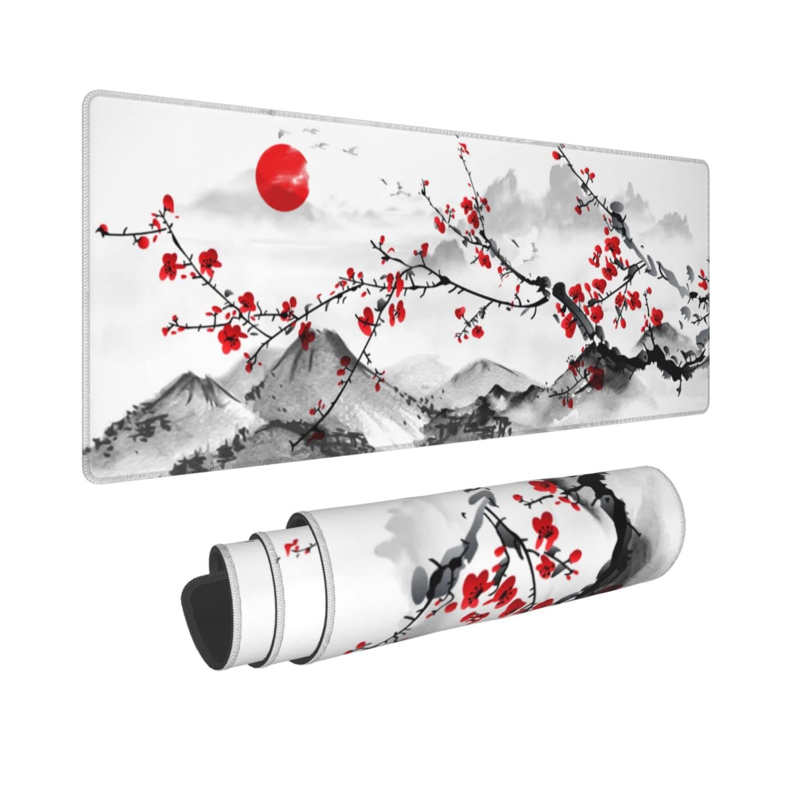 Watercolor Cherry Blossom Mouse Pad 31.5x11.8 Inch Pink Full Desk Japanese Sakura Mousepad Extended Large Non-Slip Rubber Base Waterproof Big Keyboard Mat with Stitched Edges for Gaming and Office - Image 1