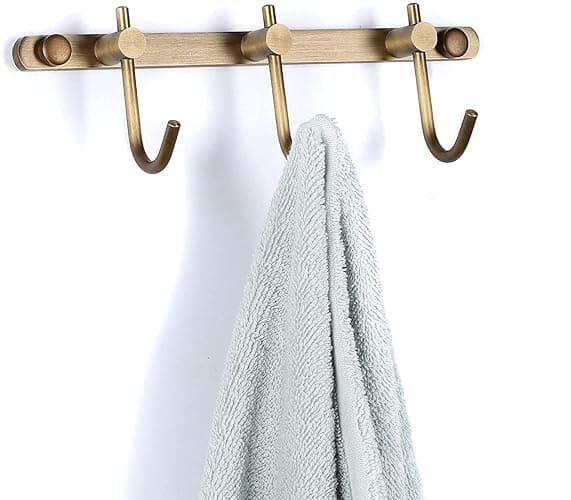 WINCASE Antique Brass Towel Hook Rack, Brushed Wall Hooks with 3 Hooks - Rustic Bath Coat Hook Holders - Image 1
