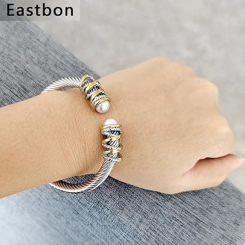 Eastbon Twisted Cable Bracelet with Composite Shell Pearl 6" Antique Cuff Bracelets for Women thumbnail 7