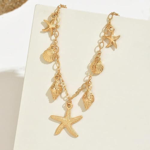 Shell Starfish Necklace for Women, 14k Gold Plated Boho Layered Beaded Charm Pendant Necklace, Dainty Adjustable Pearl Conch Summer Beach Vacation Jewelry Gifts thumbnail 6
