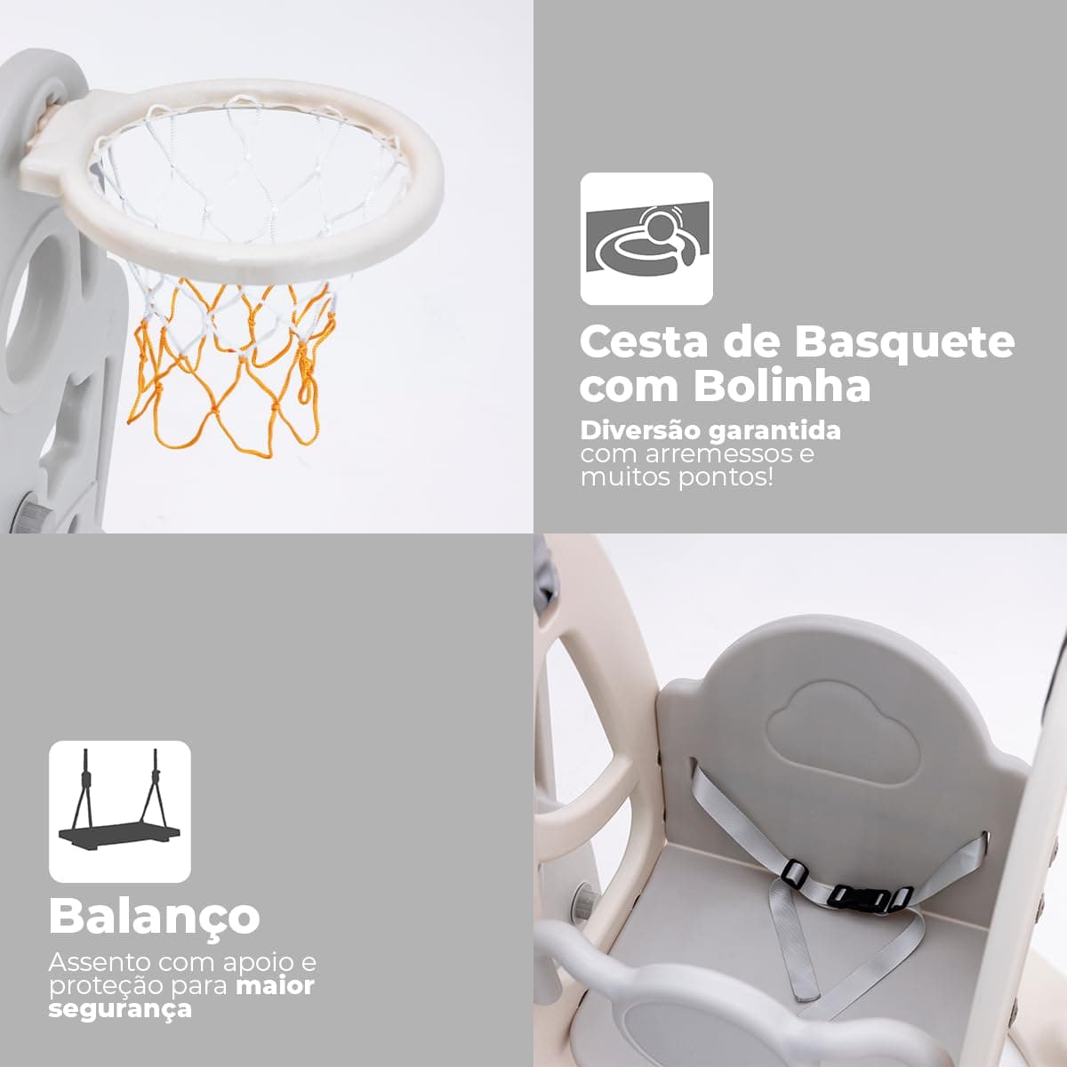 Playground Infantil com Balanço e Escorregador Freso com Escada Antiderrapante, Cesta de Basquete com Bola, Brinquedo Seguro e Resistente, Fácil Montagem e Limpeza, para Crianças de 2 a 6 Anos (Cinza) thumbnail 7