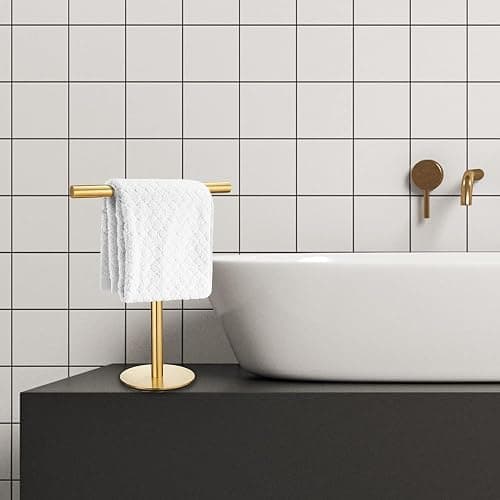 Elibbren Bath Hand Towel Holder Standing, Stainless Steel Golden Towel Bar Rack Stand for Bathroom and Kitchen Vanity Countertop, Modern Towel Holder，1 Pack thumbnail 2