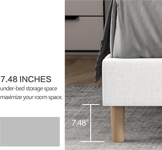 Zoophyter Full Size Bed Frame with Linen Upholstered Headboard, White | Linen Platform Bed, Heavy Duty Wooden Slats Support, 7.48" Under-Bed Storage, No Box Spring Needed, Easy Assembly thumbnail 4