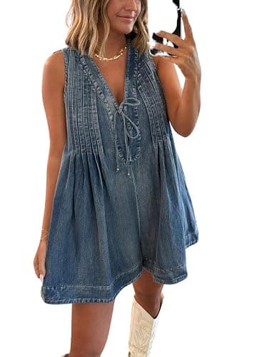 yoeasy Women's Sleeveless V Neck Shorts Denim Romper Tie Front Ruffle Cute Loose Jean Short Overalls with Pockets - Image 1