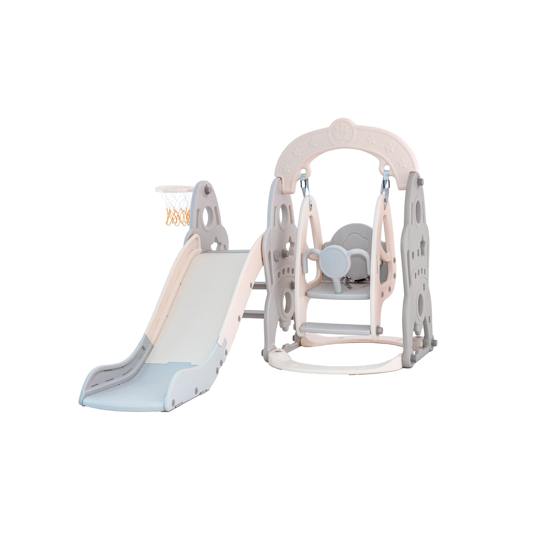 Playground Infantil com Balanço e Escorregador Freso com Escada Antiderrapante, Cesta de Basquete com Bola, Brinquedo Seguro e Resistente, Fácil Montagem e Limpeza, para Crianças de 2 a 6 Anos (Cinza) - Image 1