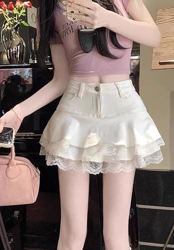 Y2K High Waist Denim Mini Skirt for Women - Layered A-Line Skater Skirt with Lace Trim, Casual Streetwear thumbnail 6